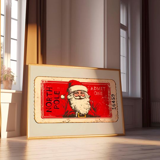 North Pole Ticket Print Santa Christmas Decor Retro Vintage Christmas Prints Christmas Wall Art Xmas Holiday Decor Funny Cute Digital print