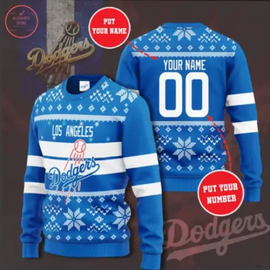 Personalized Dodgers Ugly Christmas Sweater, Lightweight Sweater Baseball Lover