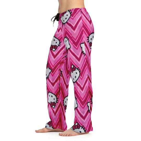 Zigzag hearts pink valentine Kitty Pajama Pants Lounge Cozy Holiday Sleep Gift