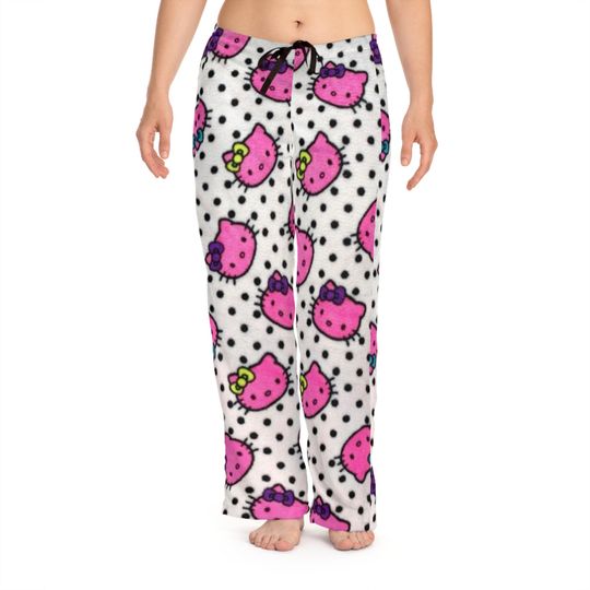 Retro polka dots neon pink City Merry Christmas Kitty Pajama Sleep pajama pants Lounge Cozy Holiday Gift