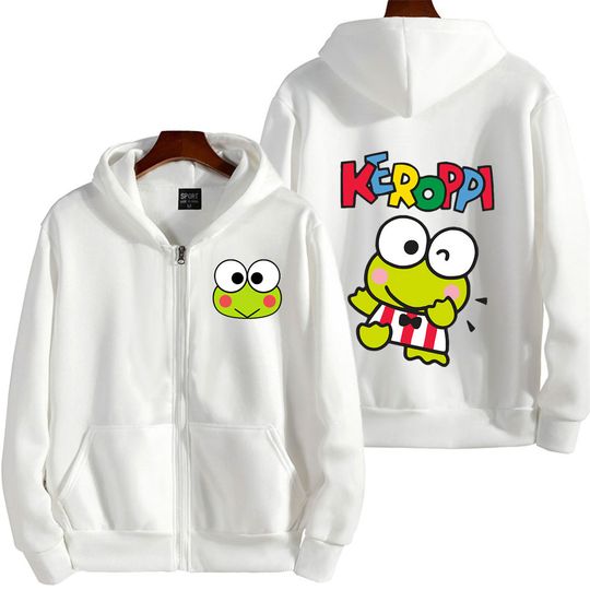 Keroppi White Cartoon Anime Double Sided Zipper Hoodie | Unisex Zip Up Jacket