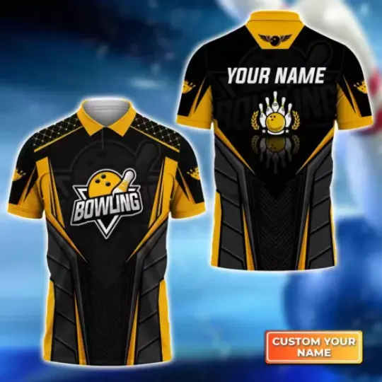 Unisex Bowling Yellow Personalized Name 3D Polo Shirt, Custom 3D Bowling Shirts