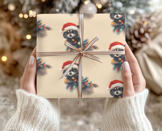 Vintage Raccoon Wrapped in Christmas Lights Gift Wrapping Paper, Decorative Holiday Birthday Present Wrap, Cute Funny Gift Wrap