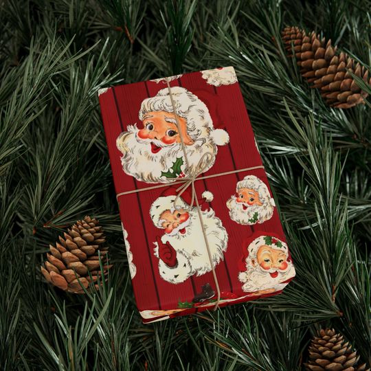 Vintage Santa Wrapping Paper Roll, Country Christmas Gift Wrap, Red Barn, Retro Santa Claus, Ho Ho Ho, XMAS Rustic Farmhouse, Holiday Gifts