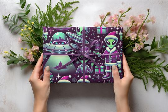 Alien Christmas Wrapping Paper I Holiday Gift Wrap I Space and UFO Design I Wrapping Paper 30x36, 30x72, 30x180