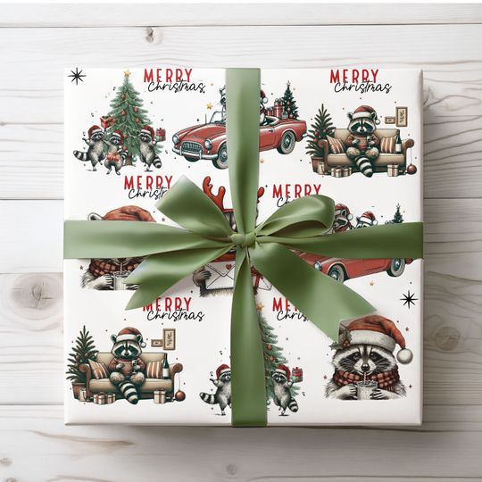 Funny Wrapping Paper, White Christmas Gift Wrap, Raccoon Wrapping Paper, Animals Holiday Gift Wrap, White Wrapping Paper Woodland Animals