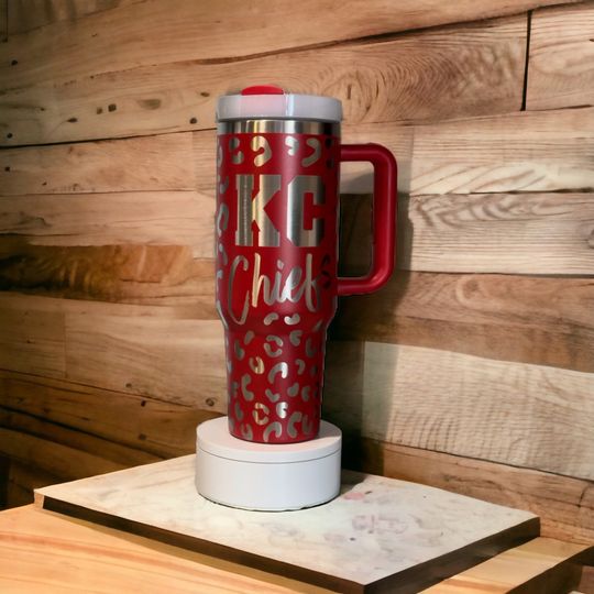 Custom Engraved Stainless Steel RED KC Chiefs Leopard Print 40oz Tumbler