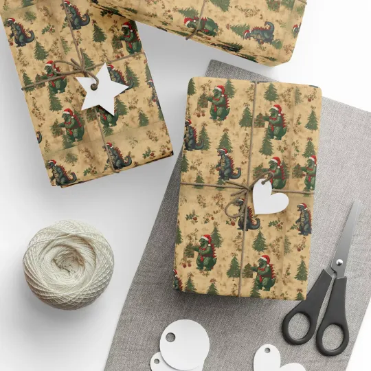 Vintage god zilla Christmas Gift Wrap, Unique Funny Xmas Wrapping Paper