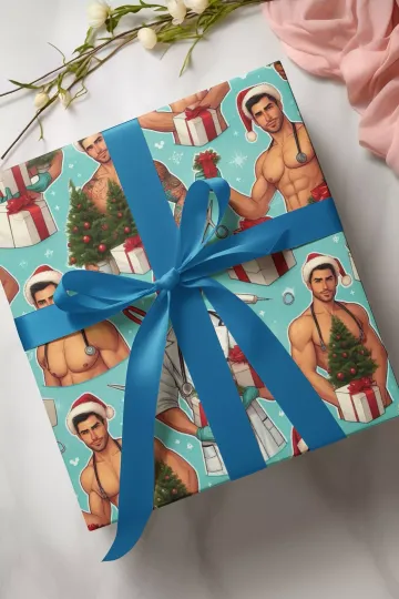Christmas Male Nurse Wrapping Paper, Funny Doctor Gift Wrap, Medical Holiday