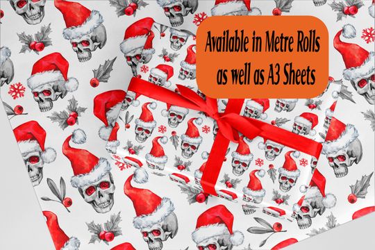 Christmas Wrapping Paper. Skulls with santa hats design. Eco friendly thick quality gift wrap paper. Perfect for wrapping Xmas presents.