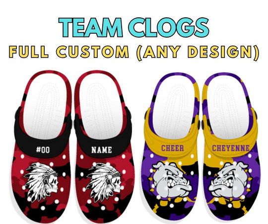 Custom Clogs, Personalized with Team Logo, Player Name and Number, Men, Women, Youth, baseball, football, hockey, lacrosse, Full Design Clog