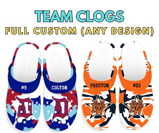 Custom Clogs, Personalized with Team Logo, Player Name and Number, Men, Women, Youth, baseball, football, hockey, lacrosse, Full Design Clog