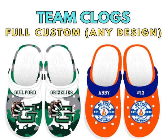 Custom Clogs, Personalized with Team Logo, Player Name and Number, Men, Women, Youth, baseball, football, hockey, lacrosse, Full Design Clog