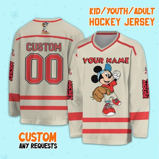 Personalize Vintage Disney Mickey Mouse Play Baseball Hockey, Disney Sport Team Hockey, Disney Hockey, Disneyland Family Vacation Hockey