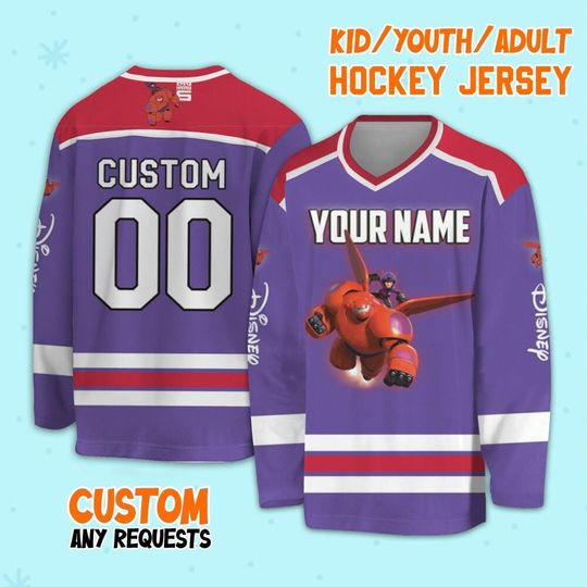 Personalized Disney Big Hero 6 BayMax And Hiro Hockey, Disney Sport Team Hockey, Bay Max Hockey, Disneyland Family Vacation Hockey