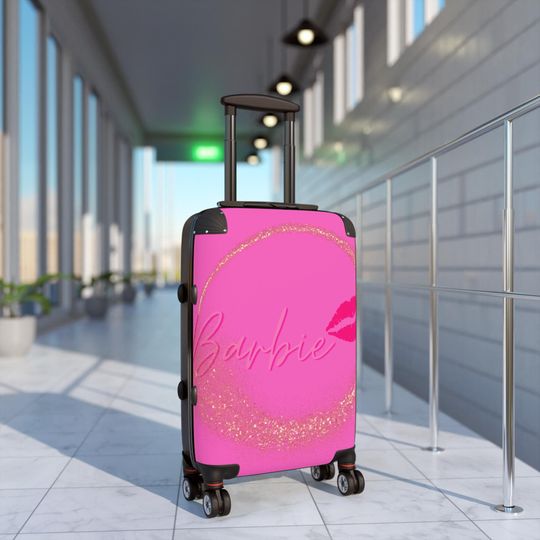 Trendy Barbie Glitter Travel Luggage with Kiss Design, Stylish Pink Luggage, Fashionable Rolling Case, Cute Travel Bag - Hot Pink