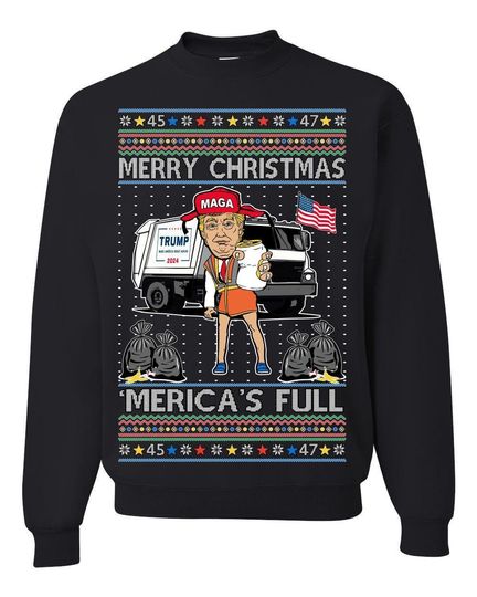 Donald Trump Merry Christmas Merica's Full, Cousin Eddie Christmas Vacation Garbage for Trump Funny Viral Meme, Ugly Christmas Sweater Ugly