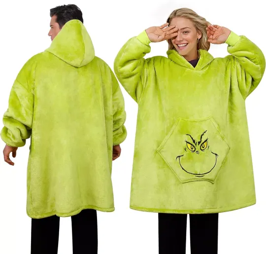 Funny Grin Christmas Wearable Blanket Hoodie for Women Men Oversized, Soft Cozy