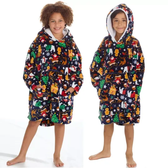 Kids Oversized Christmas Hoodie Boys Girls Fleece Xmas Hooded Blanket Hoody