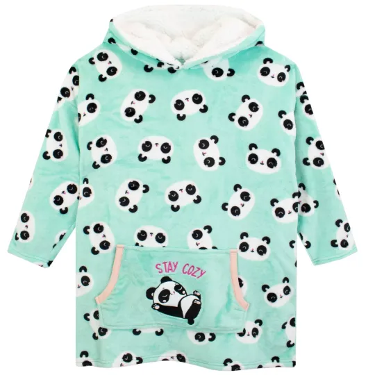 Panda Lounge Hoodie Kids Girls One Size Hooded Blanket Mint Green Teal