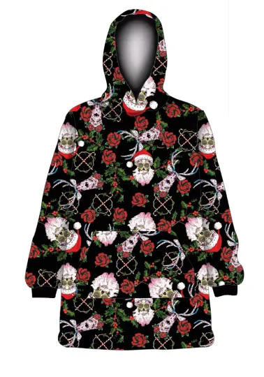 Unisex Sugar Skull Santa Reindeer Rose Print Fleece Oversized Blanket Hoodie