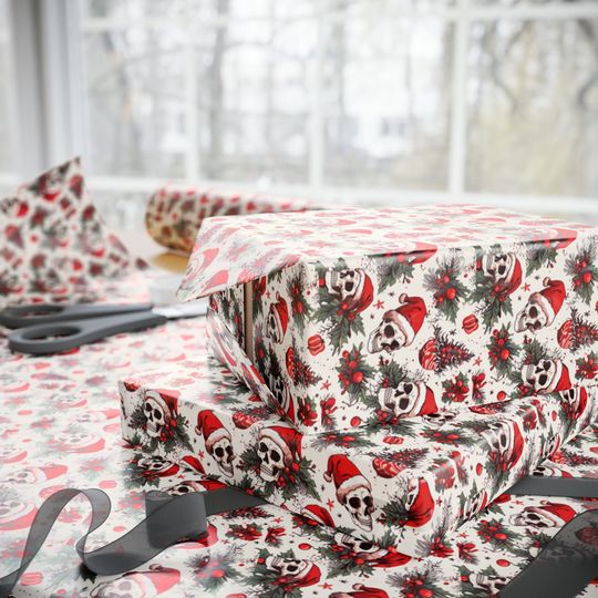 Xmas Skulls Wrapping Paper Skeletons Wearing Christmas Santa Hats Gift Wrap for the Holidays