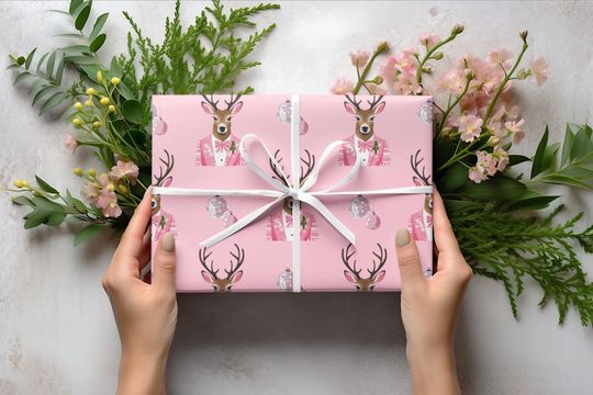 Pink Reindeer & Disco Ball Christmas Wrapping Paper, Christmas Wrapping Paper Preppy, Funny Wrapping Paper Roll, Pink Christmas Papers,