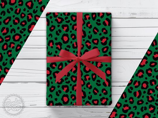 Green and Red Leopard Print Christmas Wrapping Paper Roll, 80's Retro Animal Print Holiday Gift Wrap, Rock and Roll Punk Xmas Gift Wrapping
