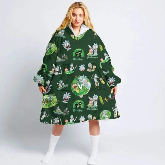 Rick and Rickandmorty Wearable Blanket, Cozy Oversized Hoodie, Funny Cartoon Blanket Hoodie, Warm Lounge Hoodie Gift