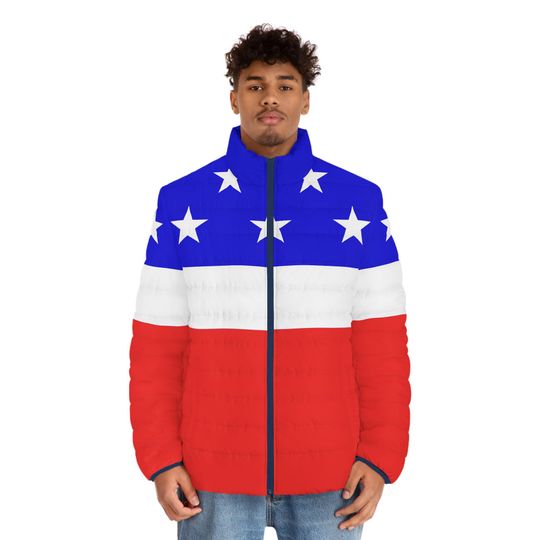 Puffer Jacket for Men, Retro American Stars and Stripes Design, Patriotic Outerwear, Winter Coat, Gift for Him, Vintage Style Jacket