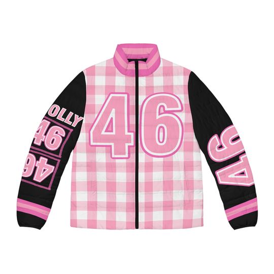 Dolly 46 Pink Checkerboard with Black Sleeves Game Day Men's Puffer Jacket