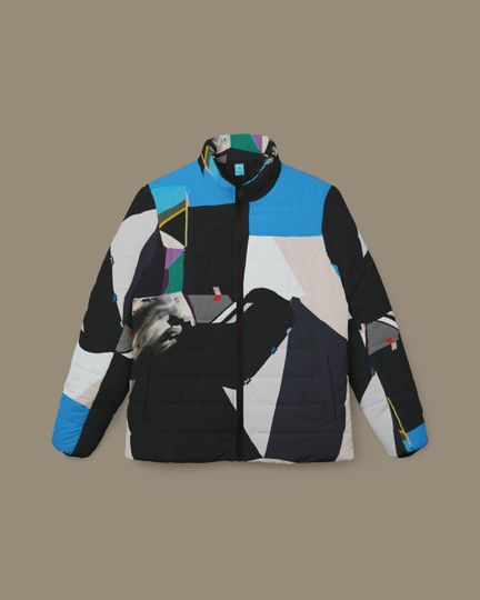 Womens blue Puffer Jacket, Colorful jacket, Vibrant outerwear, Abstract print puffer, Artistic clothes, Unique design clothes, chic style