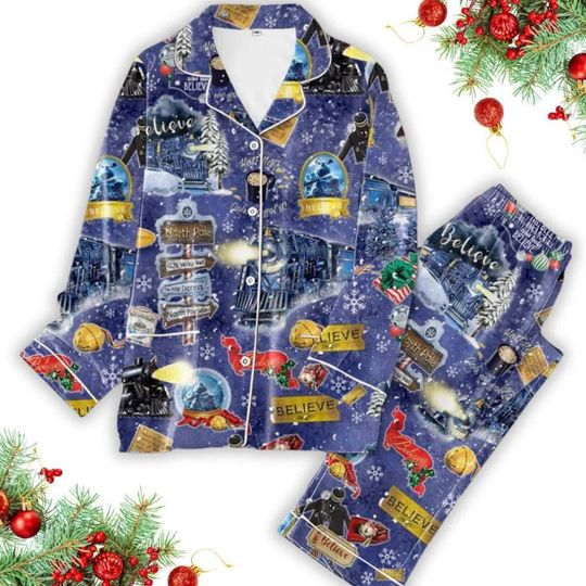 The Polar Express Christmas Pajamas Set, North Pole Believe Movie Shirt, Xmas Long Sleeve Sleepwear, Holiday Pajamas for Men Women Kids