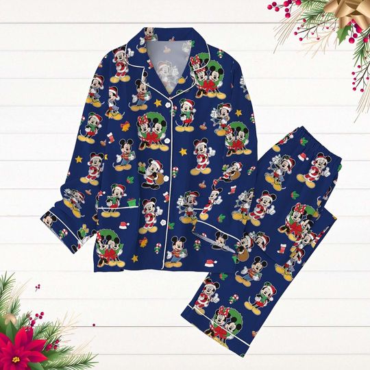 Mickey Mouse Christmas Pajamas Set, Disney Santa Hat Pajamas, Magic Kingdom Holiday Shirt, Long Sleeve Family Pajamas