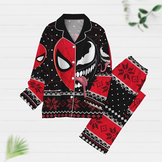 Deadpool And Venom Christmas Pajamas Set, Friends Superhero Holiday Pajamas, Xmas Party Shirt, Pajamas For Women Men Kid, Birthday Gift