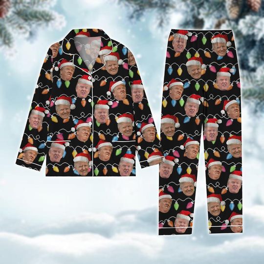 Trump Face Christmas Pajamas, Funny Trump Xmas Lights Pajamas, Donald Trump Santa Pajamas Set, Trump President Holiday Pajamas