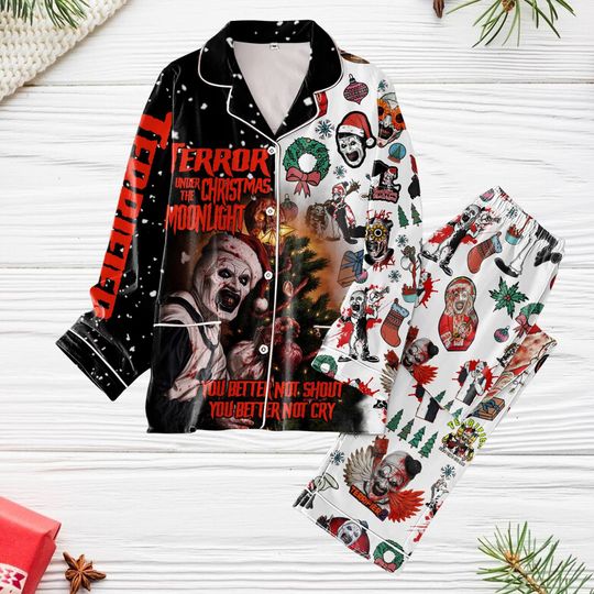 Terrifier Santa Pajamas Set, Terrifier Christmas Pajamas, Scary Clown Pajamas Pants, Terrifier 3 Shirt, Horror Characters Xmas Pajamas