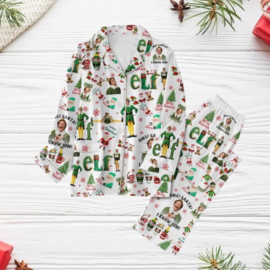 Santa I Know Him Xmas Pajamas, Buddy The Elf Christmas Pajamas, Elf Santa Omg Holiday Pajamas, Christmas Movie Holiday Pajamas