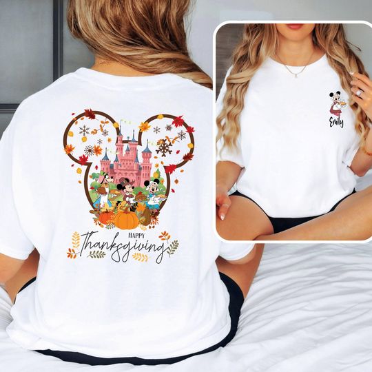 Custom Disney Mickey And Friends Thanksgiving Shirt, Thanksgiving Fall Trip, Two Sided Disney Thanksgiving Tee, Disney Family Thanksgiving