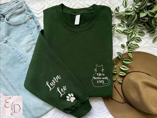 Embroidered Cat Mom Sweater with Names,Custom Cat Sweatshirt,Embroidery Cat Lover Gift,Personalized Mama Crewneck,Life Is Better With Cats