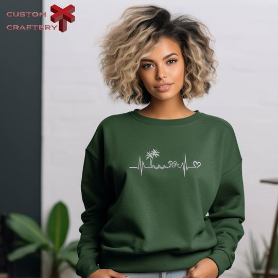 Waves Heart Frequency Embroidered Sweater, Beach Heartbeat Embroider Sweater,Beach Trip Gifts,Embroidered Vacation Sweatshirt,Sea Life Shirt
