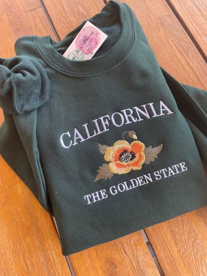 California Embroidered Crewneck Sweater, California Golden Poppy Sweatshirt