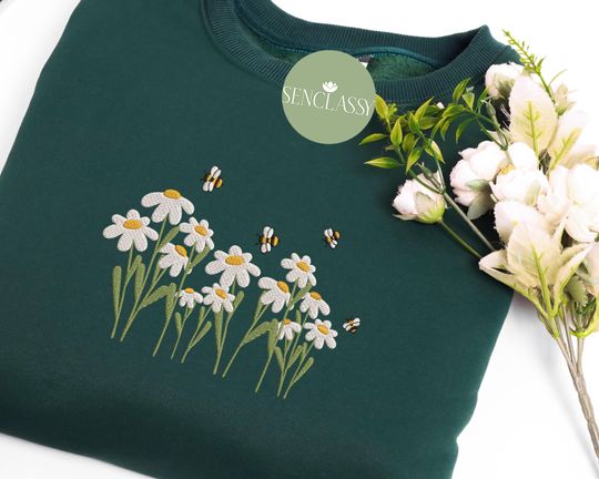 Boho Daisy Flower and Bees Embroidered Sweatshirt, Daisy Wildflower Lovers, Daisy Summer Shirt for Women, Floral Mom Gifts, Gardener Shirt