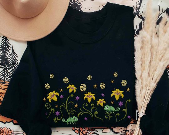 Embroidered Tangled Floral Flower Rapunzel Princess Pascal Sweatshirt, Vintage Disney Embroidery Sweater, Disneyland Family Matching Trip