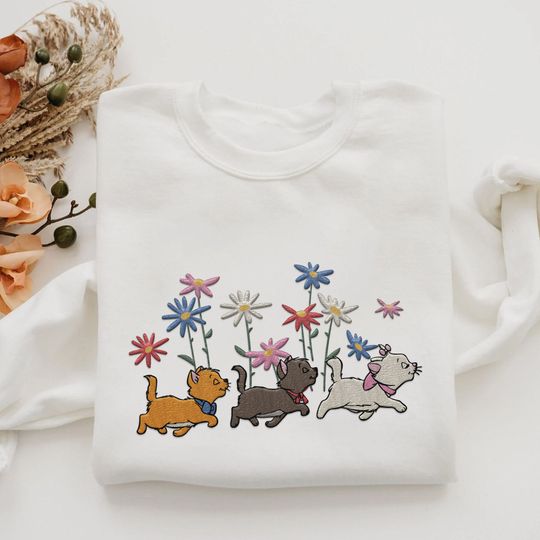 Embroidered Marie Berlioz Toulouse Floral Flower Sweatshirt,  The Aristocats Embroidery Sweater, 2024 Family Trip, Magic Kingdom
