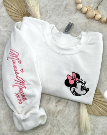Minnie Mouse Inspired Autograph Crewneck, Embroidery, Sweater, Sleeve Embroidery, Signature, Magical Crewneck