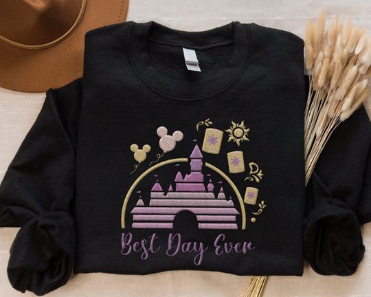 Embroidered  Castle Mickey Balloon Tangled Lanterns Best Day Ever Sweatshirt, Rapunzel  Princess Embroidery, 2024 Trip