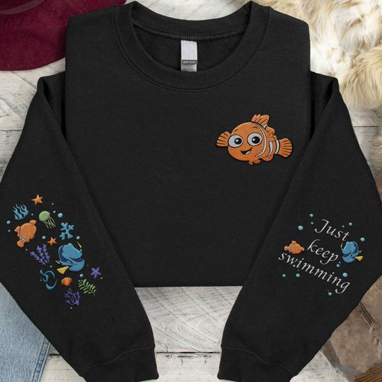 Embroidered Finding Nemo And Dory Just Keep Swimming Sweatshirt, Retro  Embroidery Sweater, 2024 Family Vacation, Magic Kingdom