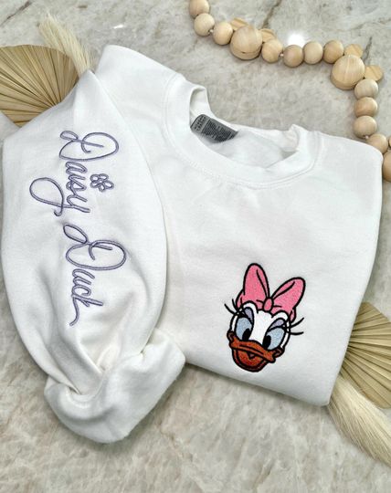 Daisy Duck Inspired Autograph Crewneck, Embroidered Sweater, Sleeve Embroidery, Character, Signature, Magical Crewneck