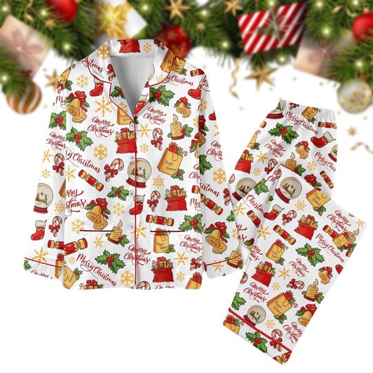 Christmas Red Wine Glass Pajamas - Santa Reindeer Holiday Sleepwear - Funny Drinking Xmas Party Gift - Long Sleeve Festive Pyjamas